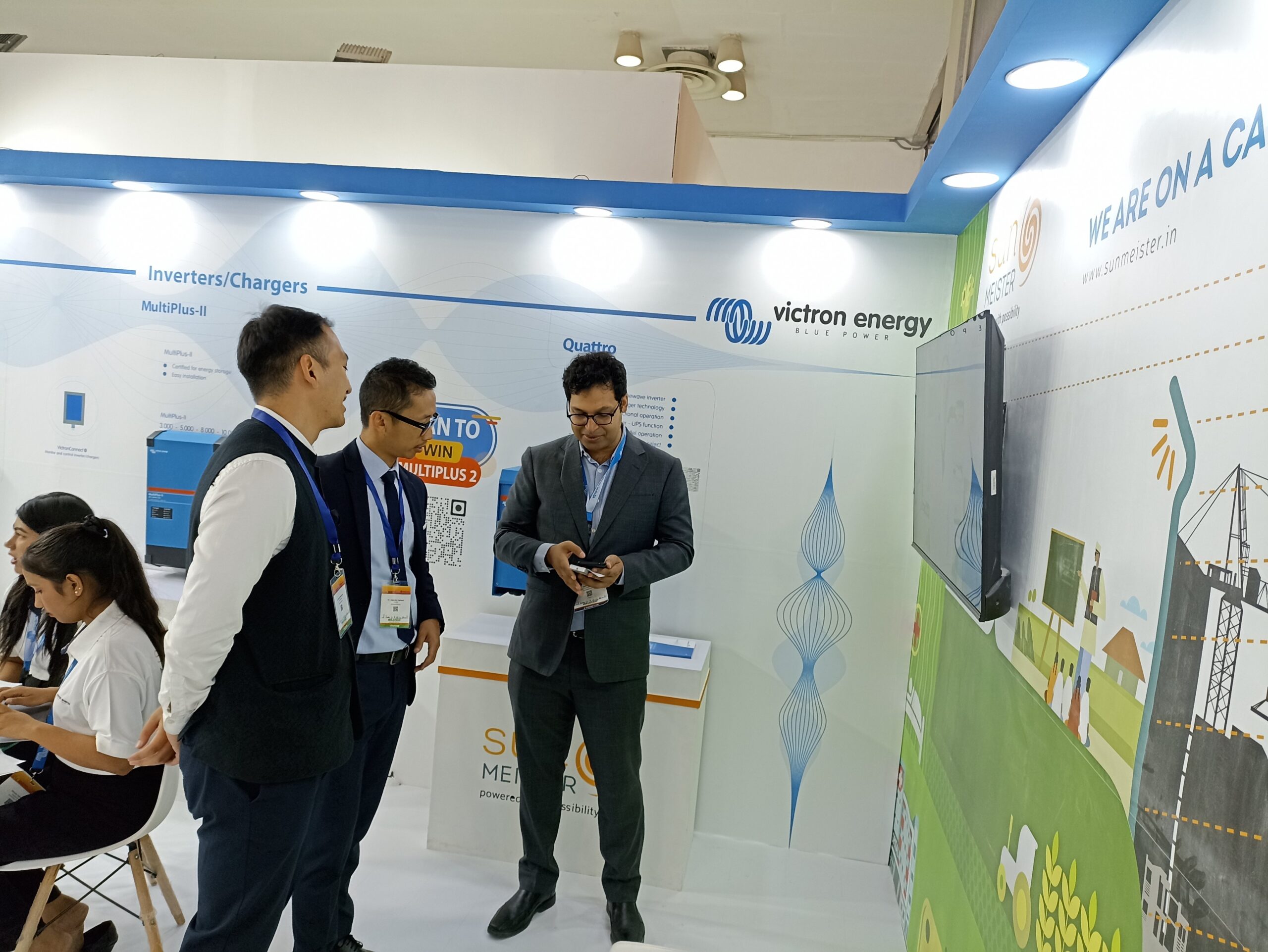 Sunmeister Energy at REI 2023: Showcasing Victron Energy Products and The Mule – a decentralised renewable energy technology 3 Sunmeister stall at Renewable Energy India Expo, with the founder presenting Sunmeister's MULE,  an off-grid/hybrid solar installation to customers