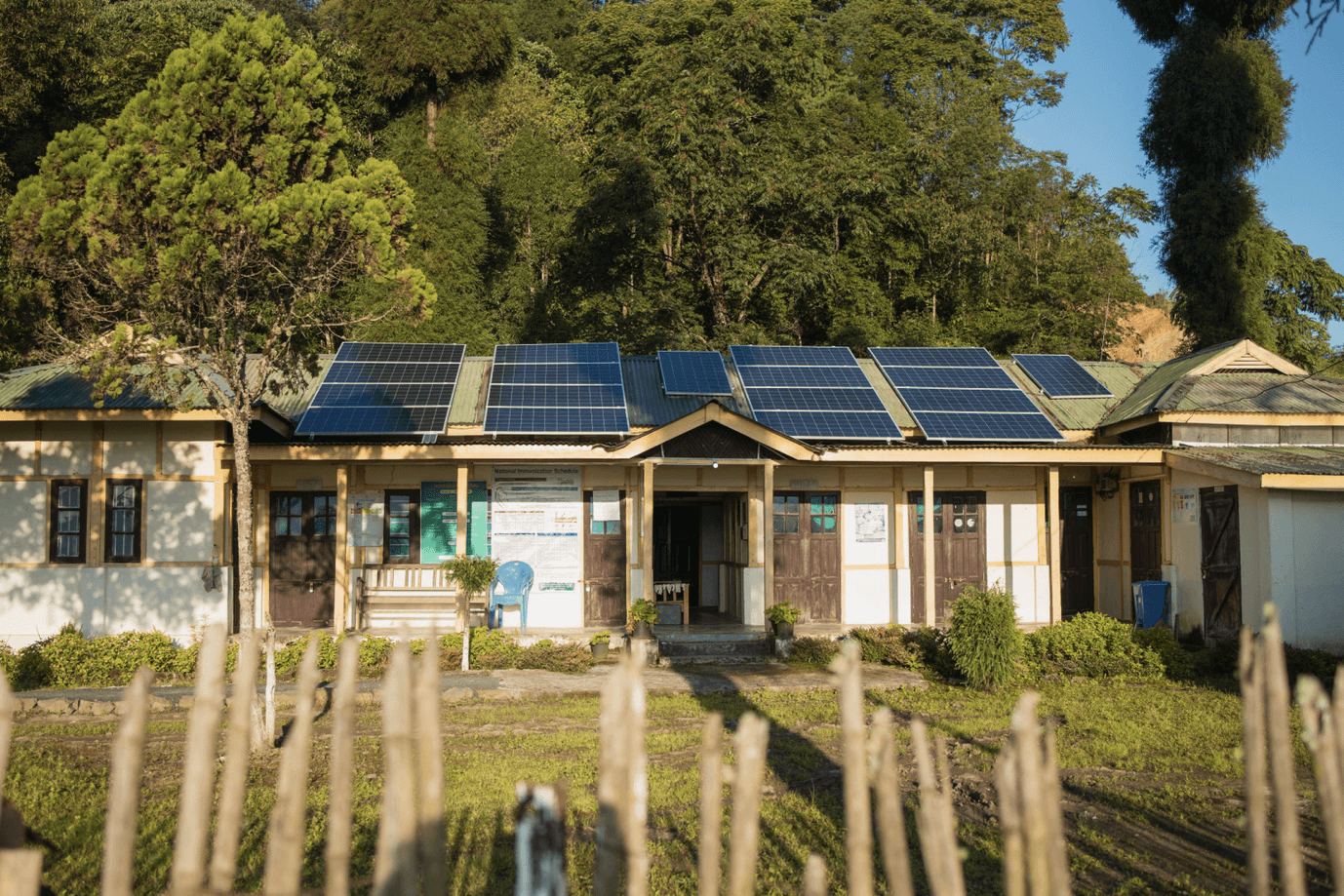 Primary healthcare center with solar panels covering its roof