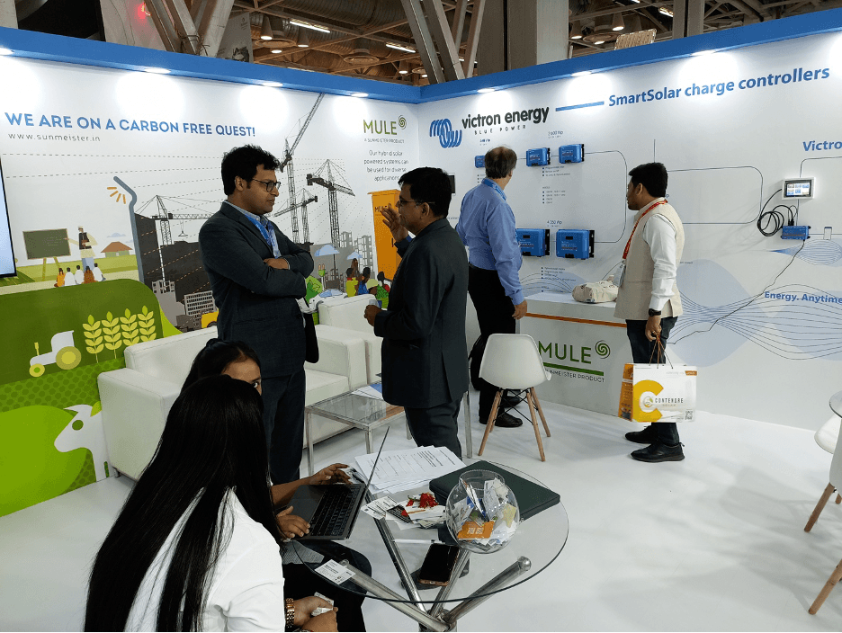 Sunmeister Energy at REI 2023: Showcasing Victron Energy Products and The Mule – a decentralised renewable energy technology 2 Sunmeister stall at Renewable Energy India Expo showcasing the MULE, an off-grid/hybrid solar installation, to customers.